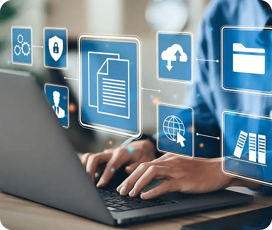 Fundo decorativo ilustrando diversas tecnologias de comunicação e/ou atendimento.